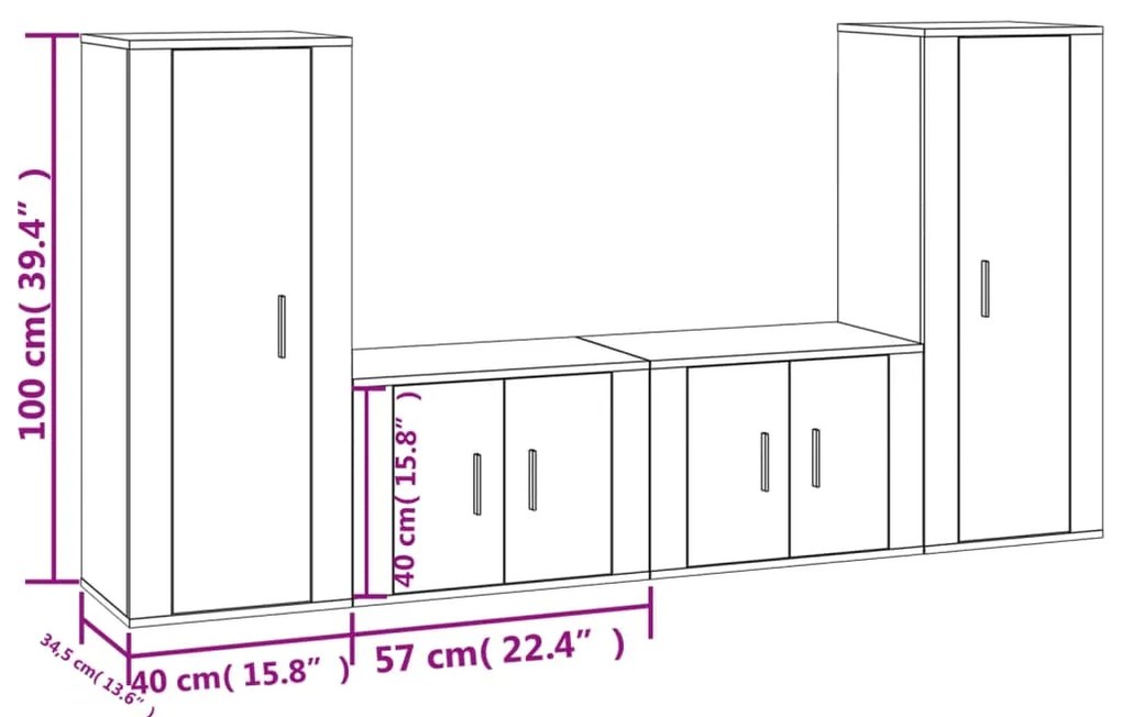 4 pcs conjunto móveis de TV madeira processada branco brilhante