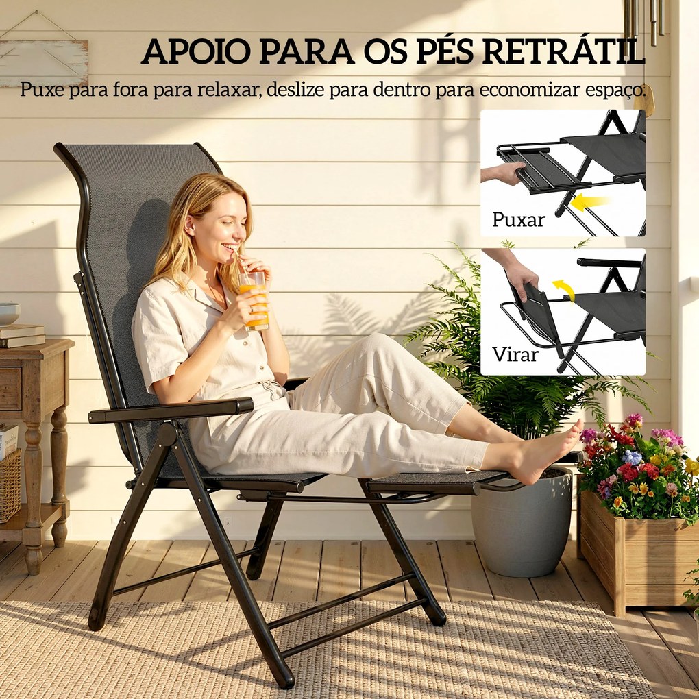 Conjunto de 2 Cadeiras Dobráveis Reclináveis de Jardim Exterior com Encosto Alto Ajustável em 5 Posições Apoio para Pés Cinza Escuro