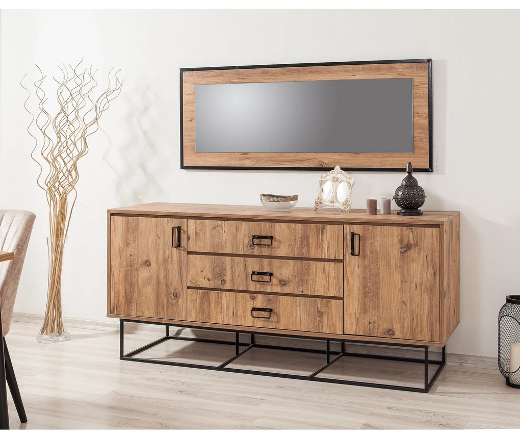 Aparador Mare com Gavetas – Pinho Atlântico e Preto - 180 x 80 x 45 cm