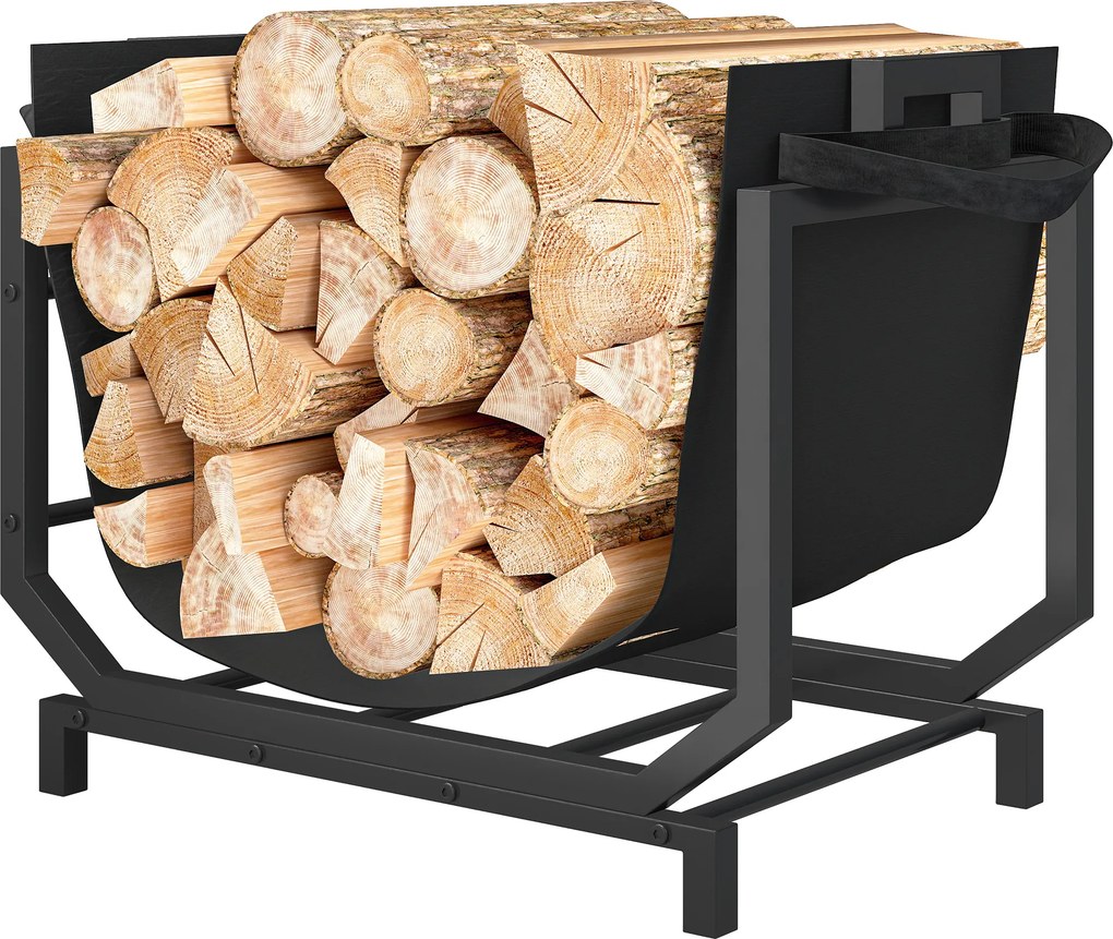 Porta-lenha 53 x 33 x 43 cm com saco de transporte e pegas para uso interior, em metal resistente, , preto