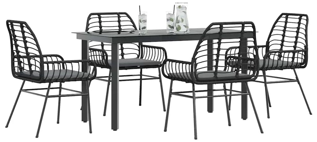 vidaXL Conjunto de jantar jardim 5 peças almofadas vidro vime PE preto