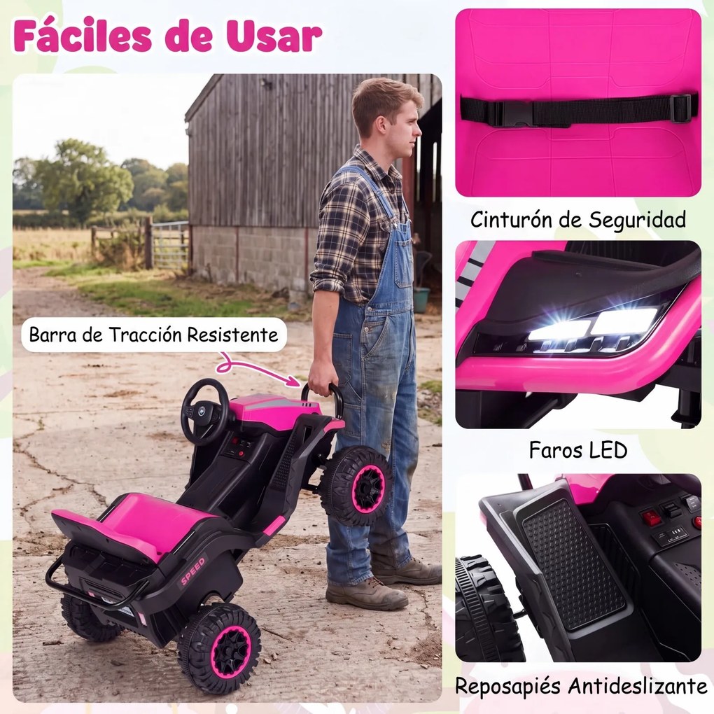 Trator Elétrico Infantil para crianças 3 a 6 anos com Reboque, 152 x 68 x 60 cm, Reboque Removível 2 em 1, Rosa