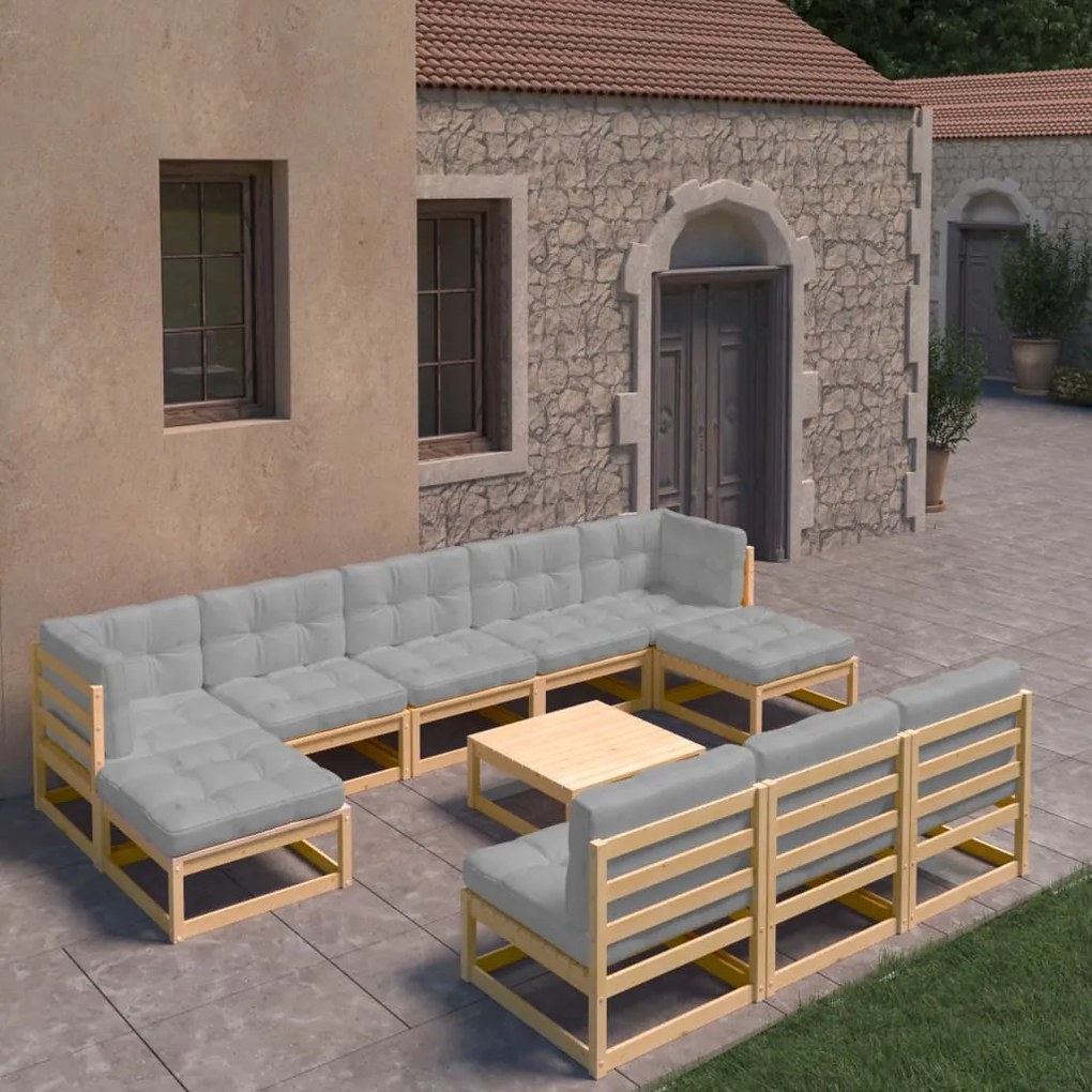 vidaXL 11 pcs conjunto lounge de jardim c/ almofadões pinho maciço