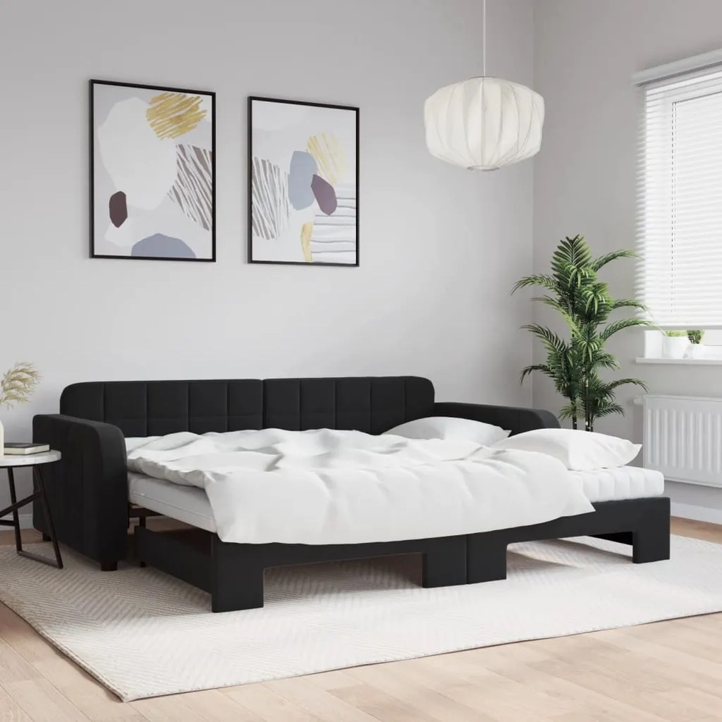 Sofá-cama com gavetão e colchões 90x200 cm veludo preto