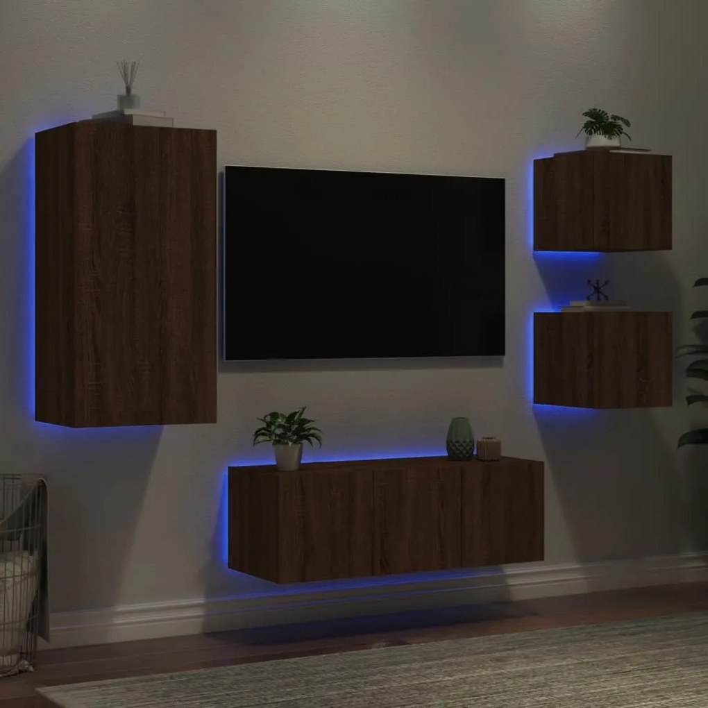 vidaXL 5 pcs móveis parede p/ TV LEDs deriv. madeira carvalho castanho