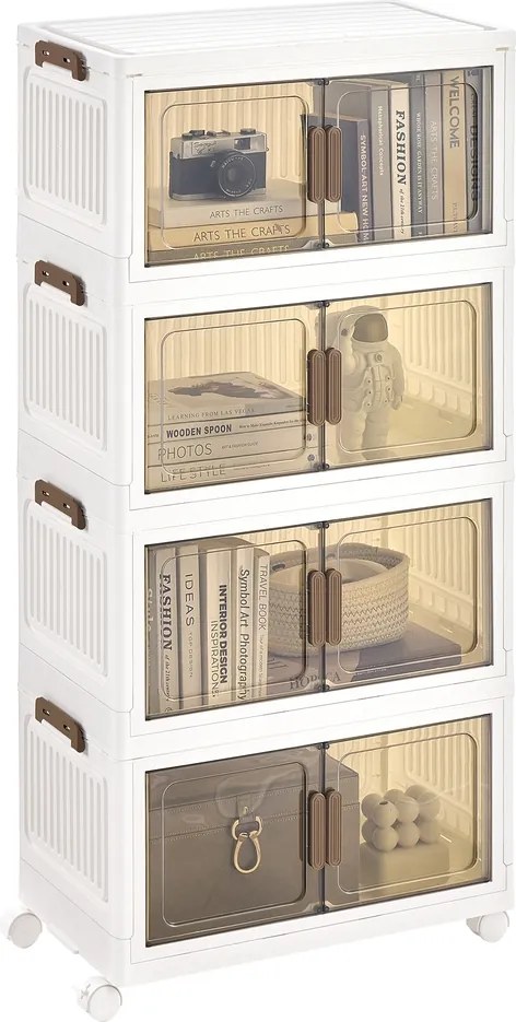 Caixas com tampa Organizador com rodas, 4 níveis, 31 x 55 x 111 cm Branco-castanho transparente