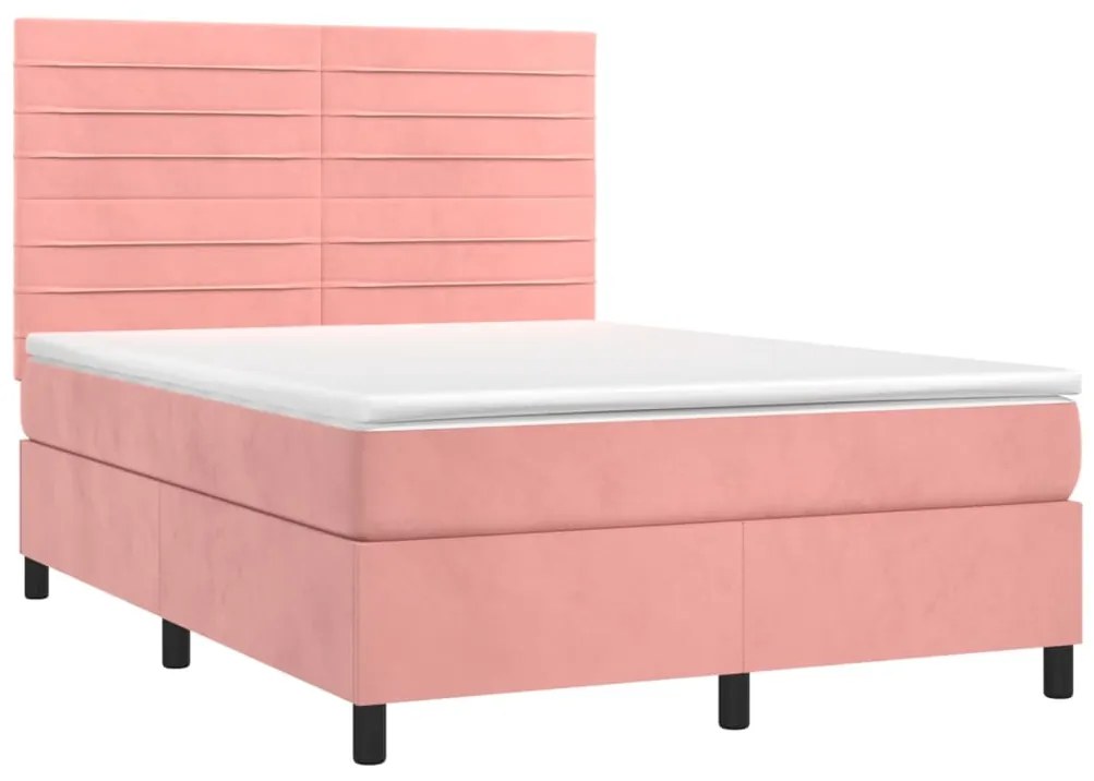 Cama box spring c/ colchão/LED 140x200 cm veludo rosa