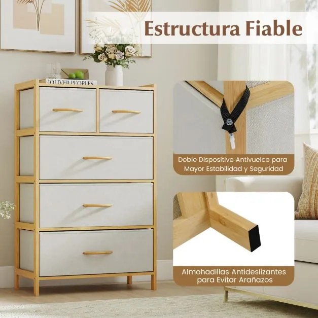 Comoda com 5 gavetas 58 x 30 x 94 cm para quarto em bambu com 5 gavetas dobráveis em tecido e prateleira superior natural