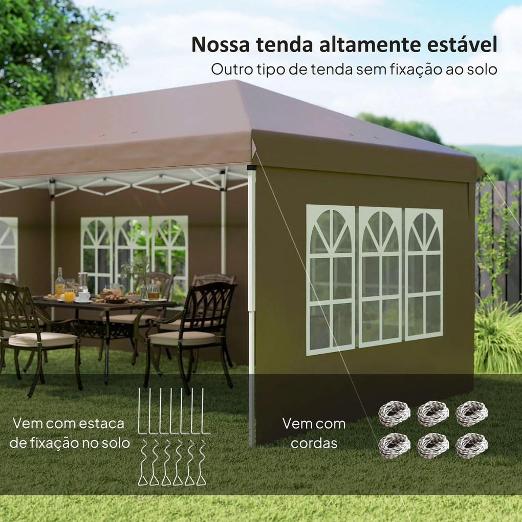 Tenda Dobrável 6x3 m Pop-up com 4 Laterais Removíveis Toldo de Jardim com 4 Janelas e Bolsa de Transporte Castanho