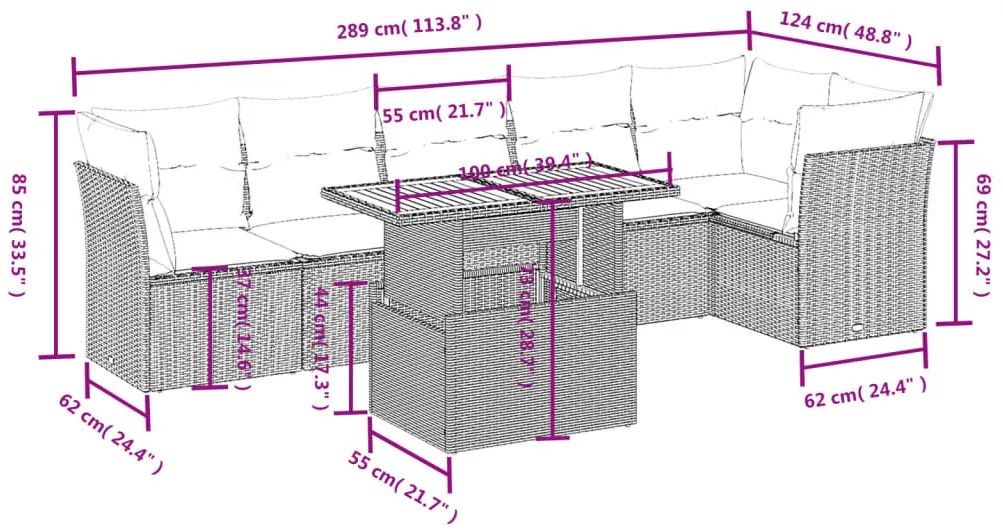 7 pcs conjunto de sofás p/ jardim com almofadões vime PE bege
