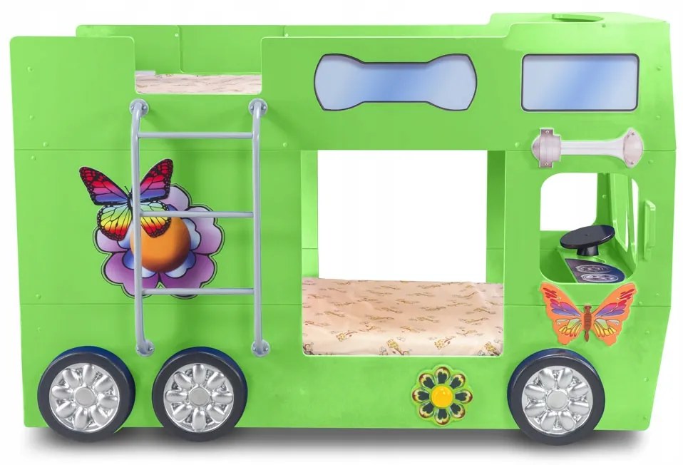 Cama para criança Beliche Autocarro 207 x 116 x 150 cm com Luzes LED 2 colchões e estrados incluídos, capacidade de 100 kg Verde
