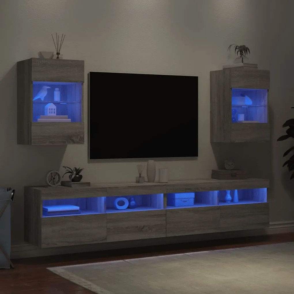 Móveis de parede para TV com luzes LED 2 pcs cinzento sonoma