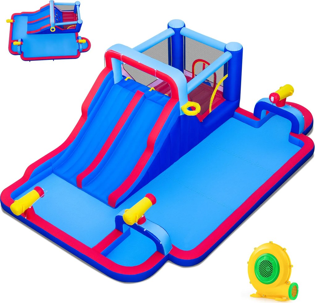 Parque aquático insuflável com escorrega duplo 646 x 418 x 211 cm, piscina, zona de salpicos, zona de saltos, parede de escalada, cesto de basquetebol