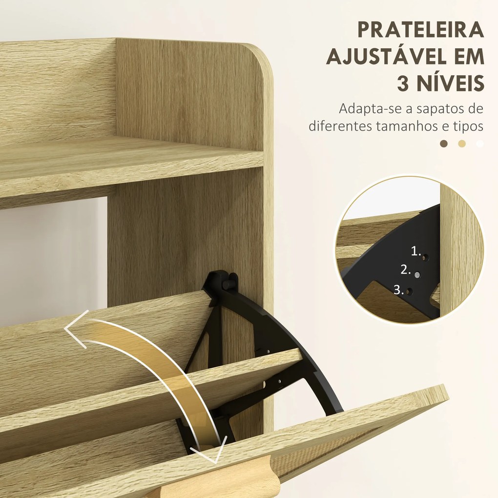 Móvel Sapateira de Entrada com 2 Gavetas Basculantes e 1 Prateleira Aberta para 18 Pares de Sapatos 80x24,5x110 cm Carvalho