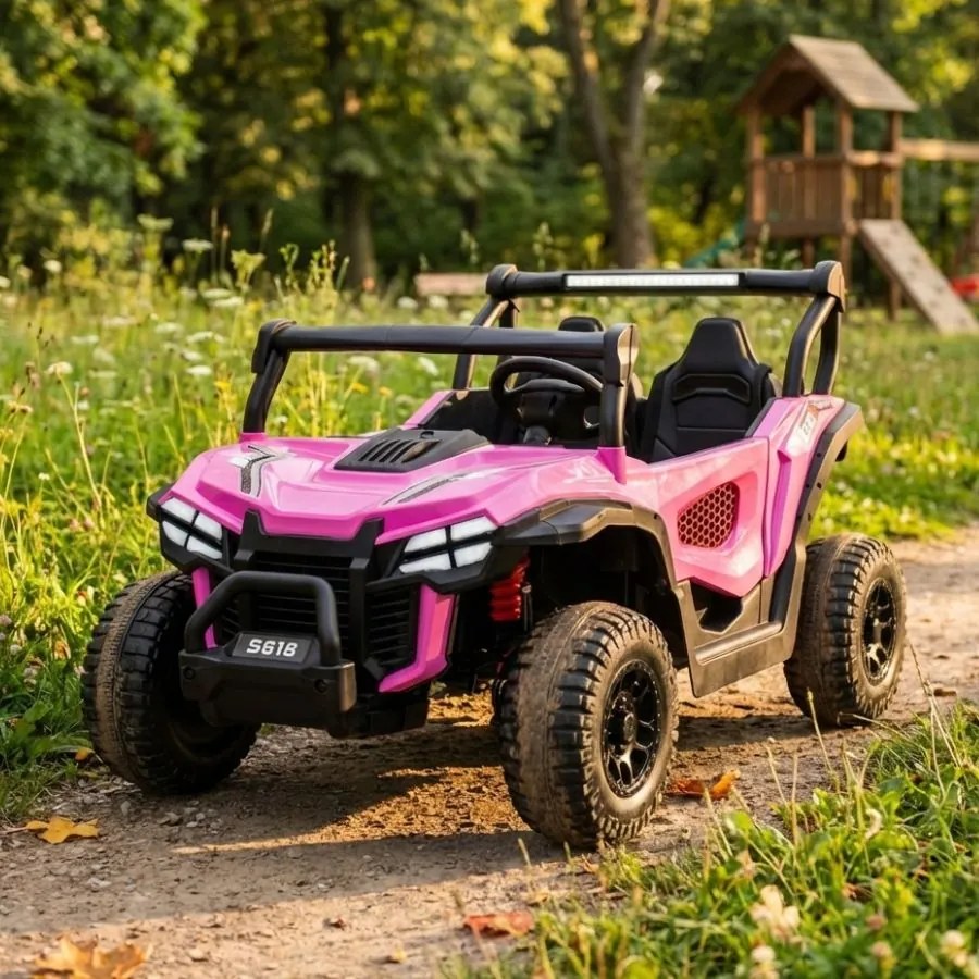 Carro elétrico para Crianças 24V, 4x4, 2 lugares Gravity Buggy Rodas de espuma EVA e assento Couro ecológico rosa