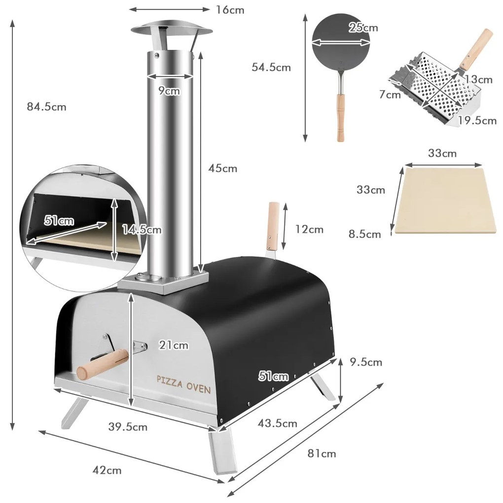 Forno para Pizza de Ferro Portátil com Lareira Extra Grande para jardim Piquenique 42 x 81 x 84,5 cm Preto