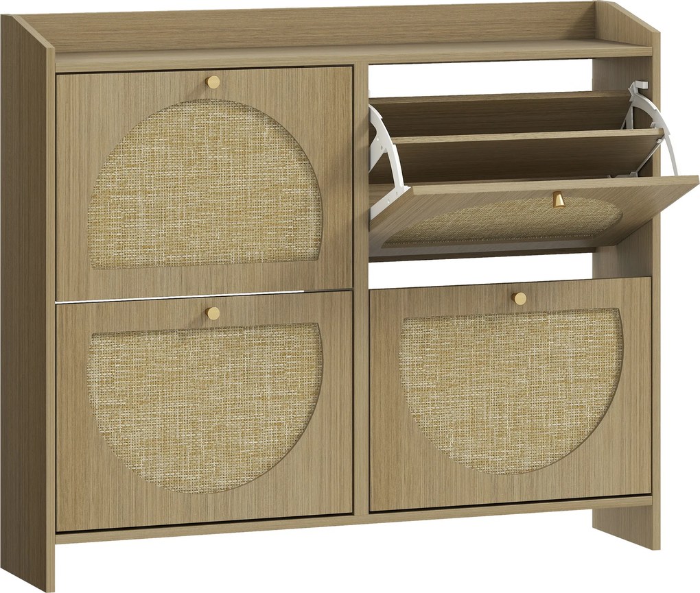 HOMCOM Sapateira Estreita com 4 Portas de Vime Sapateira para Entrada com Prateleiras Ajustáveis para 16 Pares de Sapatos 104,5x24x88 cm Madeira | Aosom Portugal