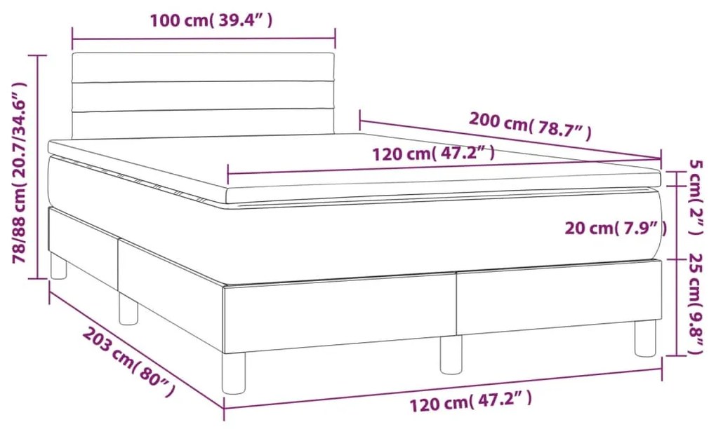 Cama box spring c/ colchão/LED 120x200cm veludo cinzento-escuro