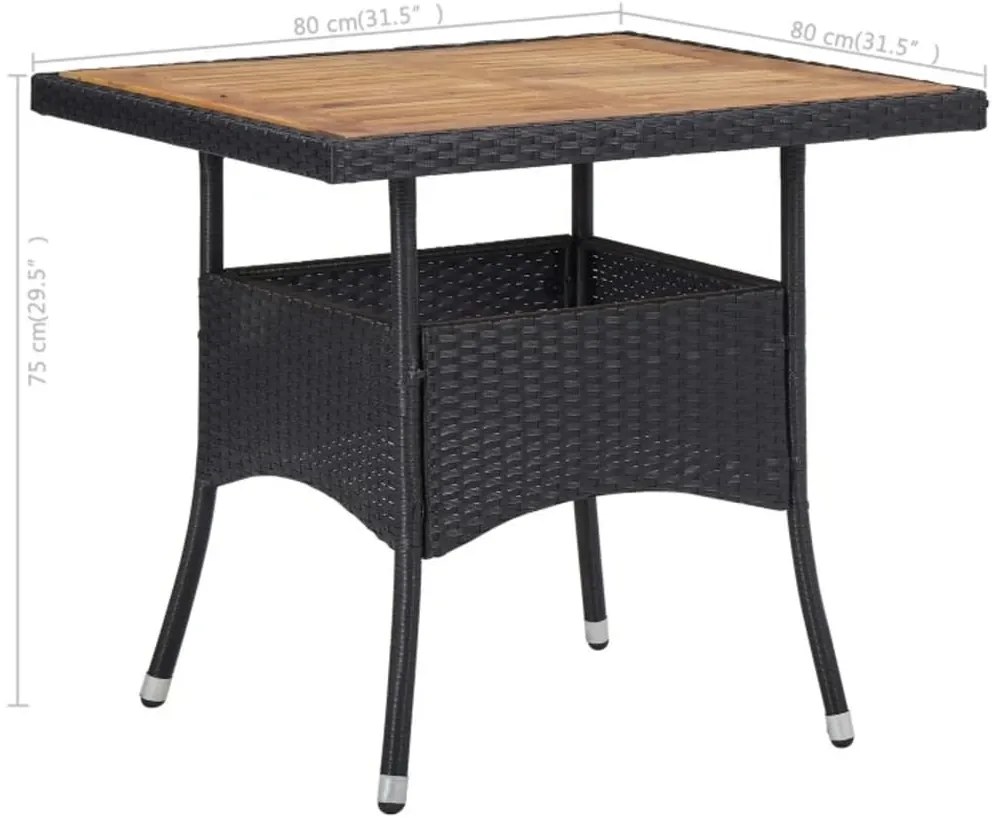 3 pcs conjunto jantar p/ jardim vime PE e madeira maciça preto