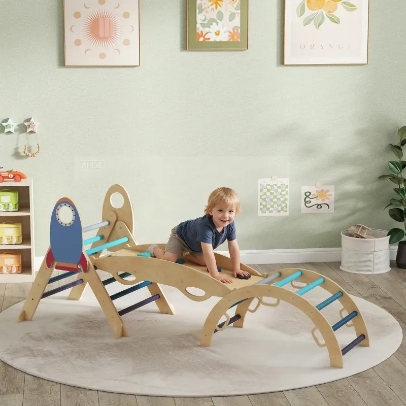 Triângulo de Escalada Montessori 7 em 1 Estrutura de Escalada de Madeira Tema de Foguete Azul