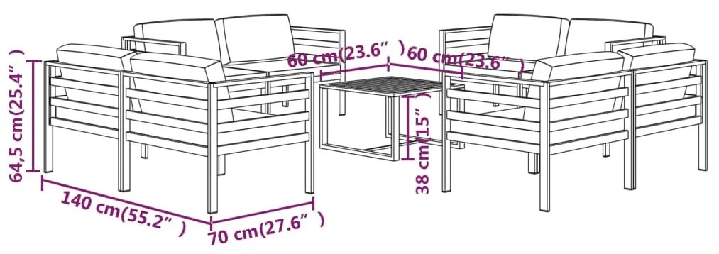 9 pcs conjunto lounge jardim com almofadões alumínio antracite