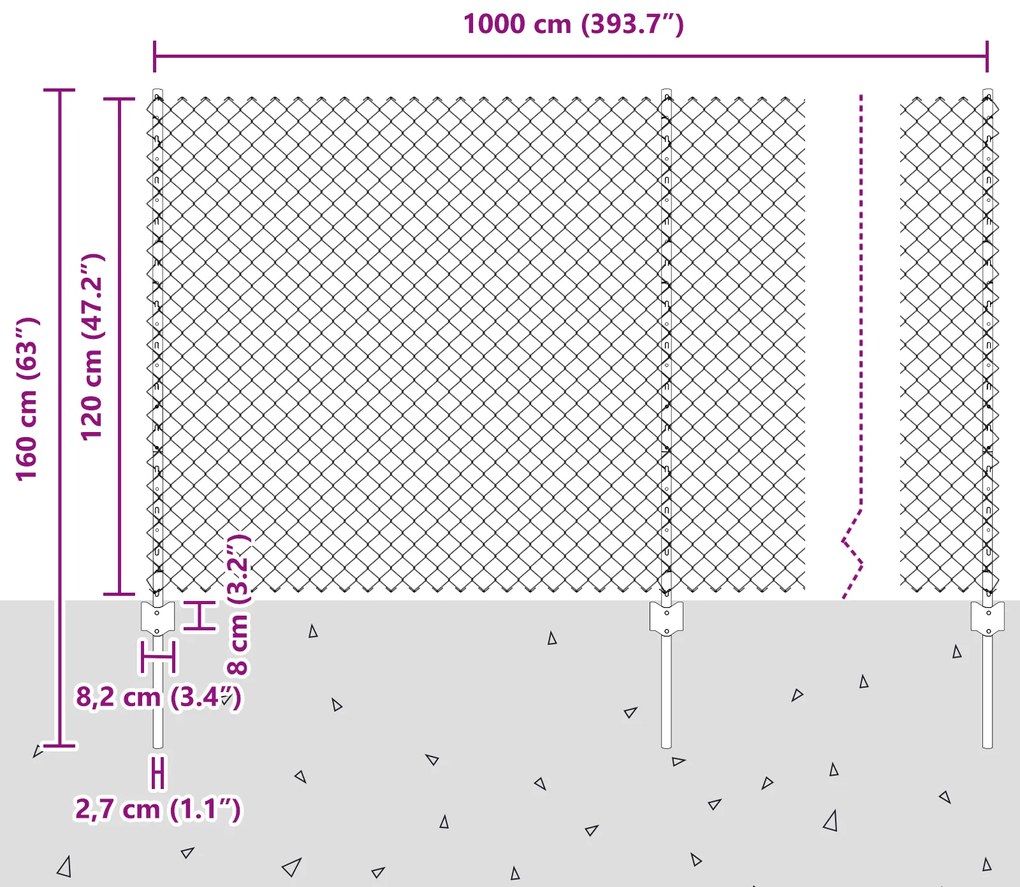 Cerca de Cadeia com 20 Postes em U Cinza 1,2x10 m de Aço