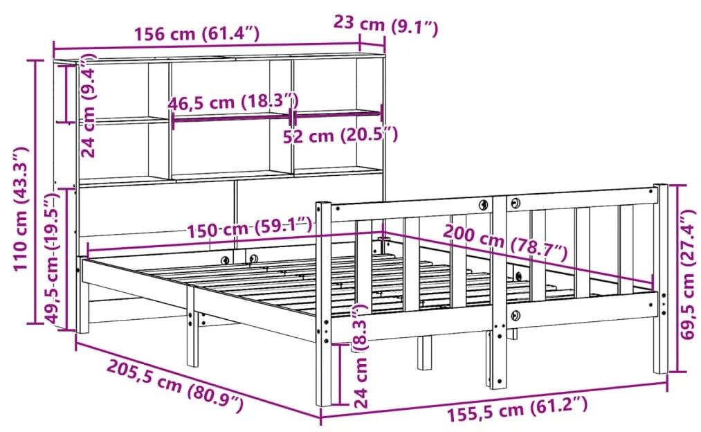 Cama com estante sem colchão 150x200 cm pinho maciço