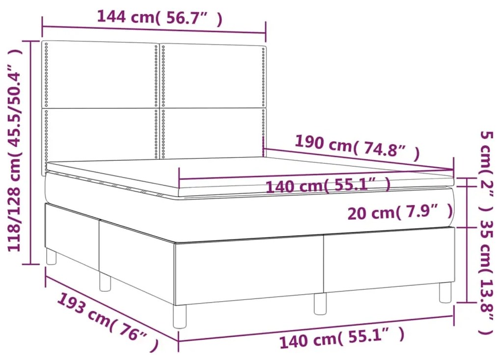 Cama box spring c/ colchão/LED 140x190cm couro artificial cinza