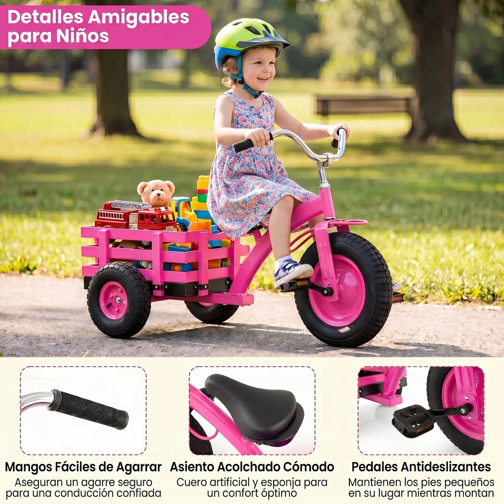 Triciclo Infantil Evolutivo, 117 x 55 x 68 cm, Assento e Guiador Ajustáveis, Rosa