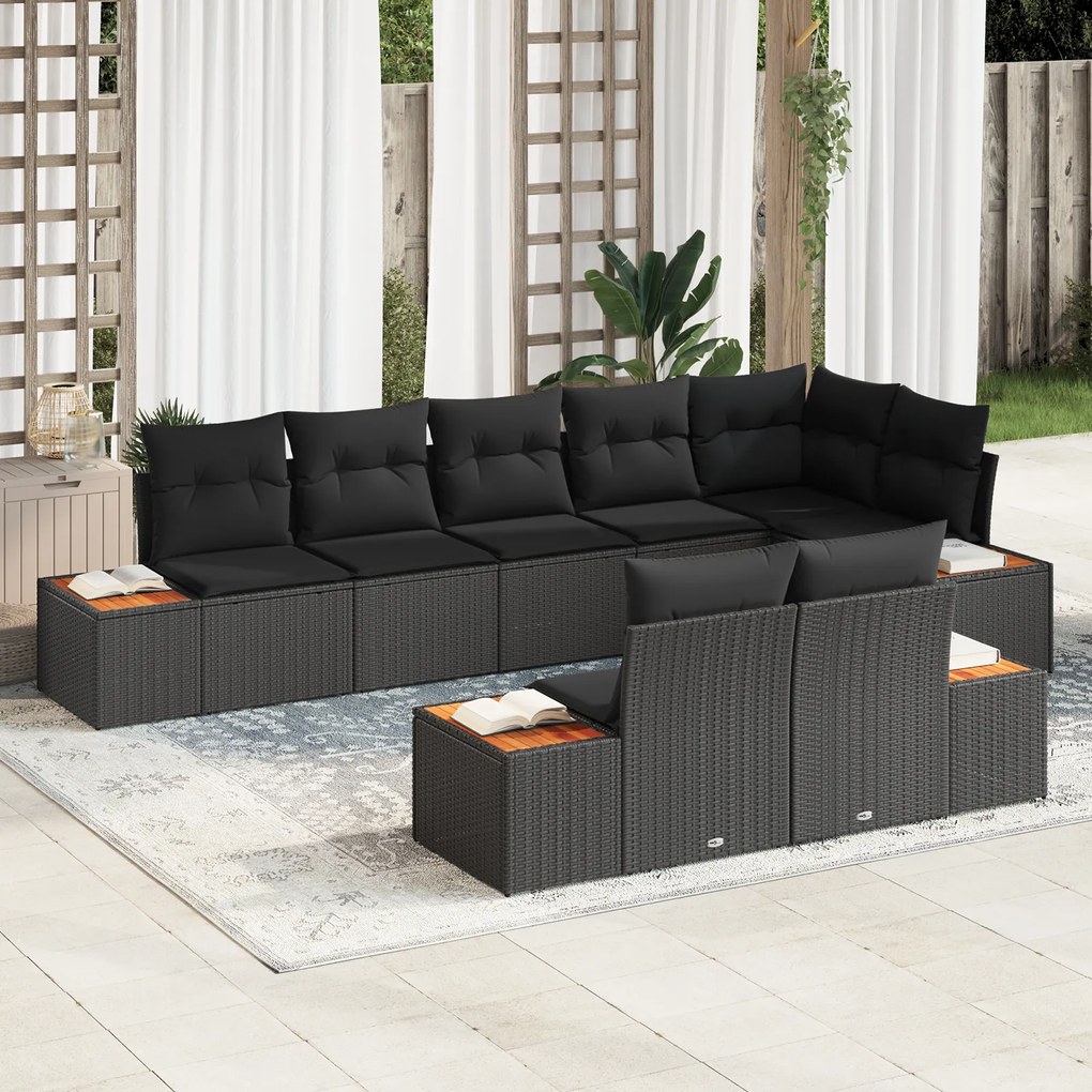 vidaXL Conjunto de Sofá de Jardim com 8 Peças e Almofadas - Vime Poliéster Preto e Acácia