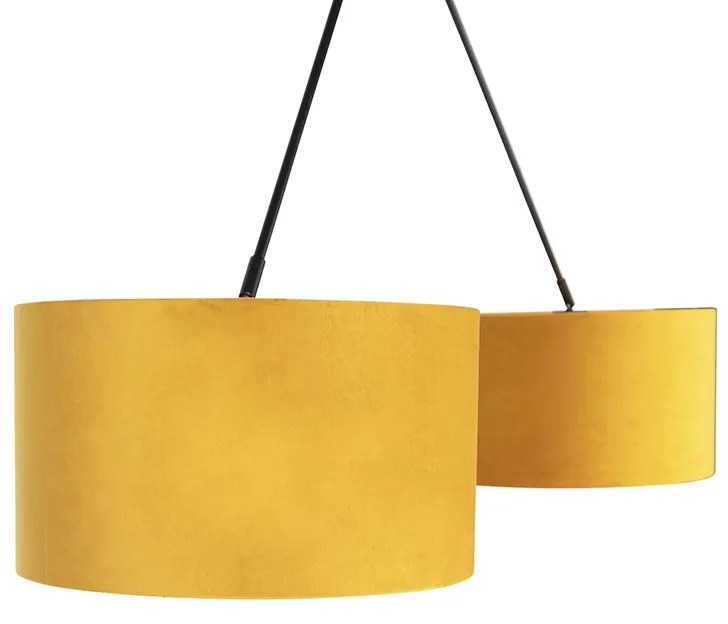 Candeeiro de suspensão preto com cúpulas de veludo ocre com dourado 35 cm - Blitz Country / Rústico