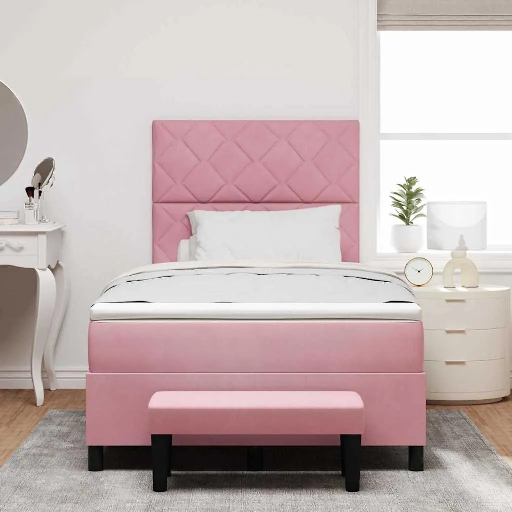 Cama Box Spring com Colchão e Banco em Veludo Rosa 120x190 cm