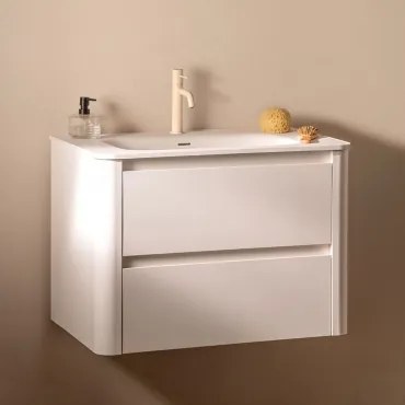 Conjunto De Móvel De Casa De Banho Suspenso Em Madeira Com Lavatório Integrado Egerton Branco & Sem Espelho & Tapioca Bege - Sklum