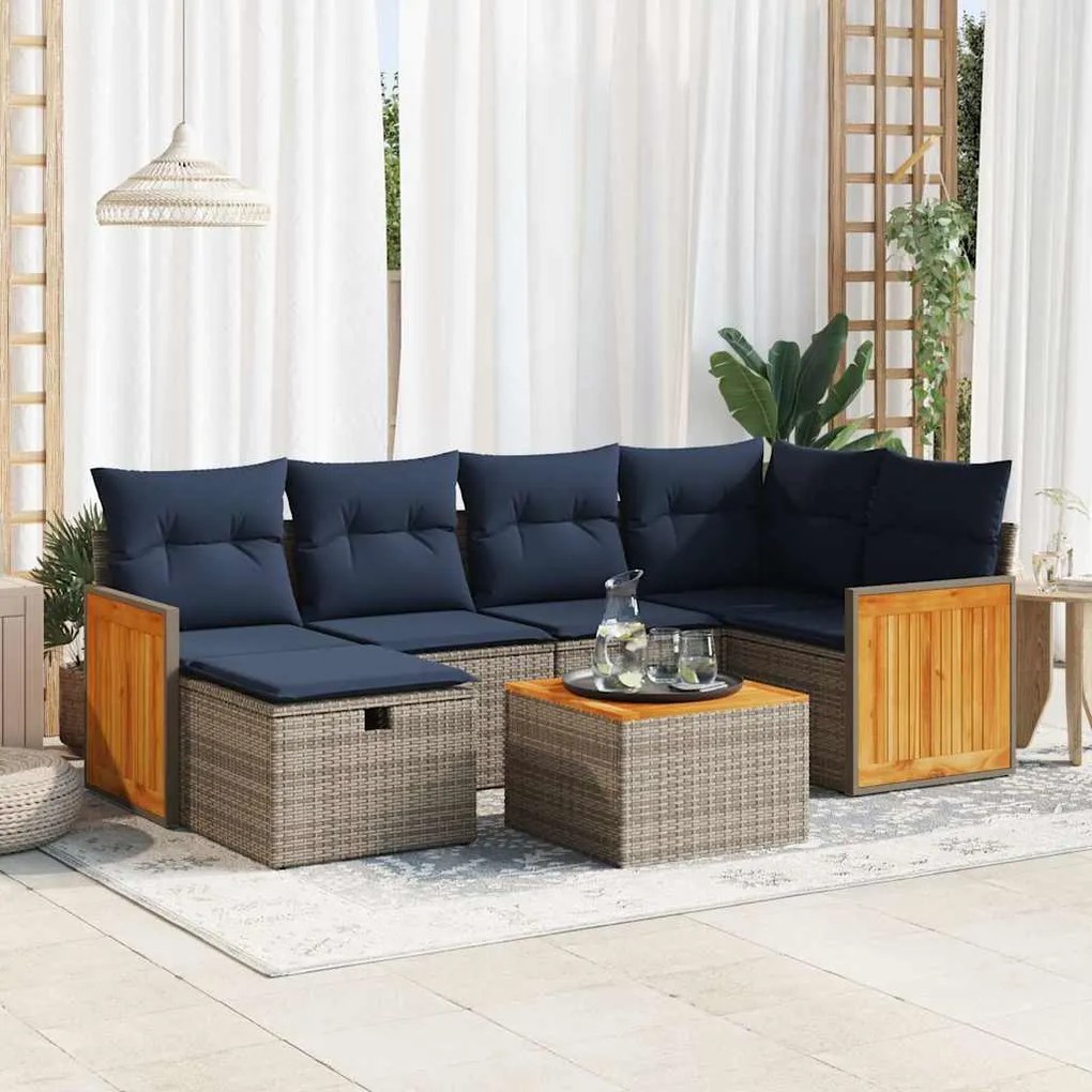 7 pcs conjunto sofás p/ jardim c/ almofadões vime PE cinzento