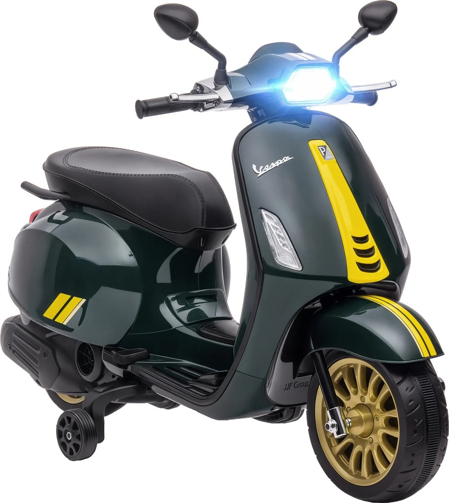 Scooter elétrica infantil Vespa 6 V, 107 x 47 x 73 cm, música MP3, porta USB, farol, 2 rodas de apoio - Verde