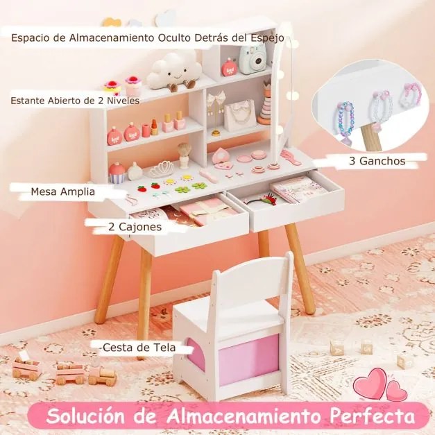 Toucador infantil com luzes e cadeira de princesa com 2 gavetas e Estante de 2 níveis, 3 ganchos e 2 prateleiras abertas Rosa