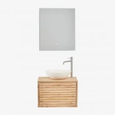 Conjunto De Móveis De Banheiro De Madeira Suspensos Deleyna Madeira Natural & Cimento Redondo Branco Ø40 Cm Zavion & Led - Sklum