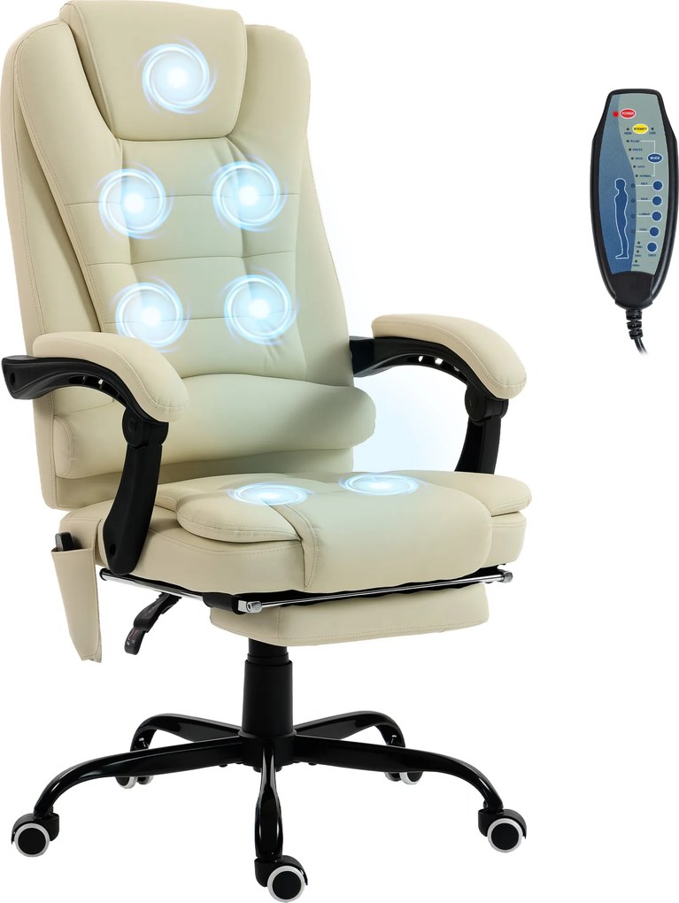 Cadeira de escritório com função de massagem, com altura ajustável, encosto reclinável e comando com fio, bege