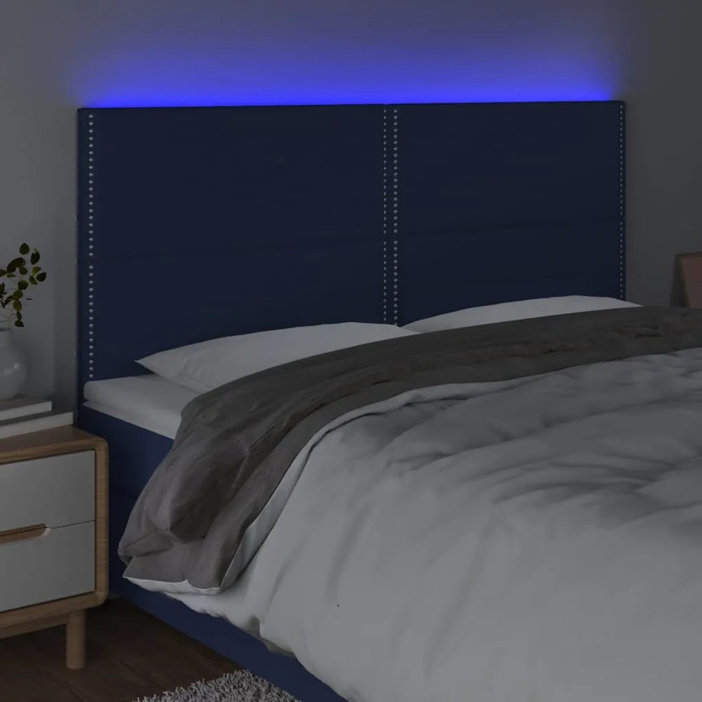 Cabeceira de cama c/ luzes LED tecido 200x5x118/128 cm azul