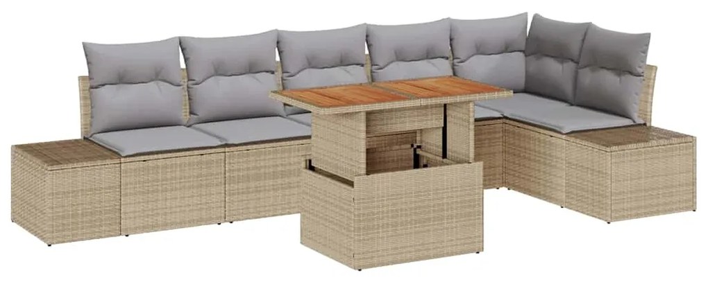 Conjunto de Jantar de Jardim com 7 Peças e Almofadas Bege, em Rattan S