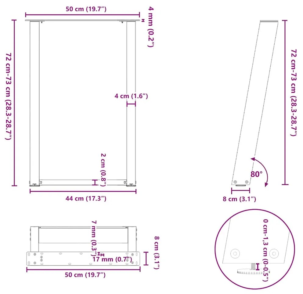 Pernas p/ mesa de jantar 2 pcs em forma de U 50x(72-73) cm aço