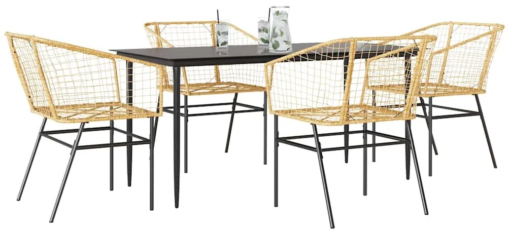 Conjunto jantar jardim 5 peças vidro vime PE castanho
