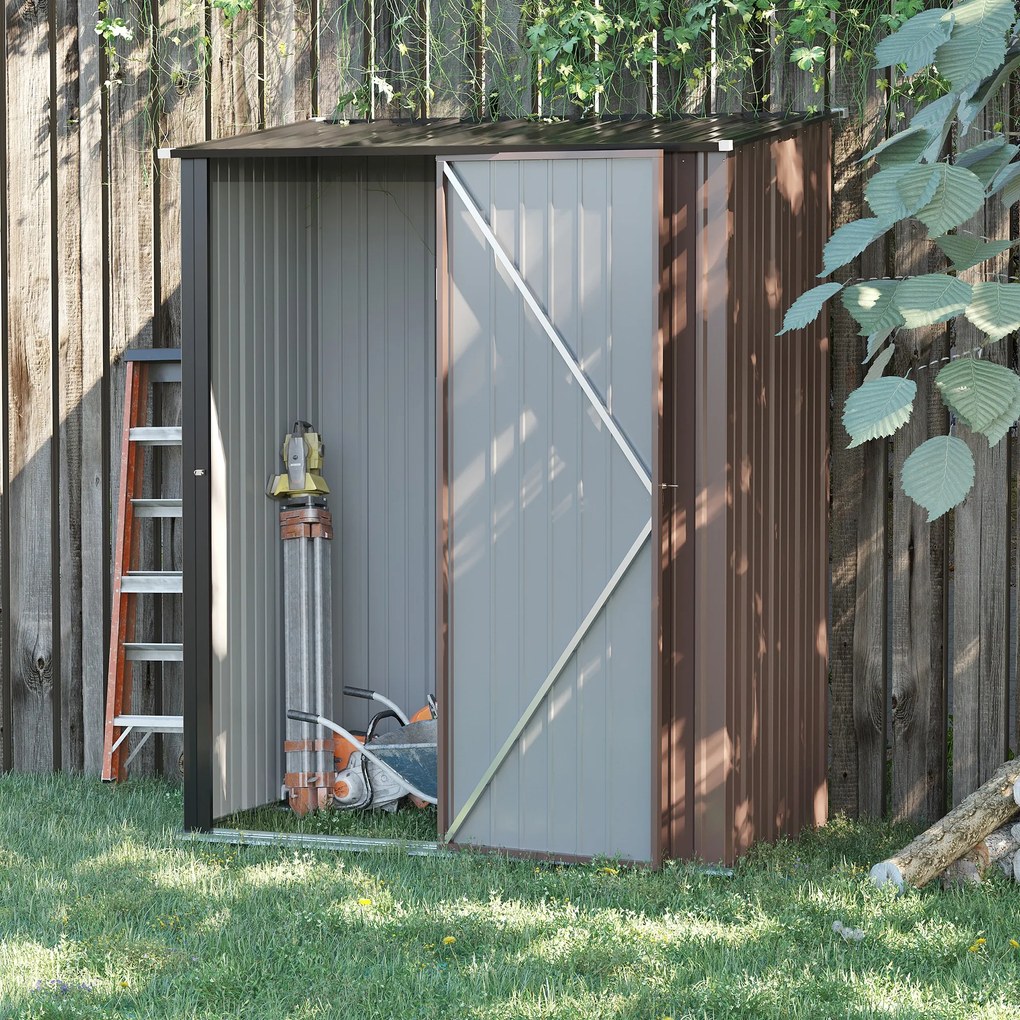 Outsunny Abrigo de Jardim 1,34m² 161,5x94,5x196cm Abrigo de Exterior de Aço Galvanizado com Porta e Fechadura para Armazenamento de Ferramentas Marrom