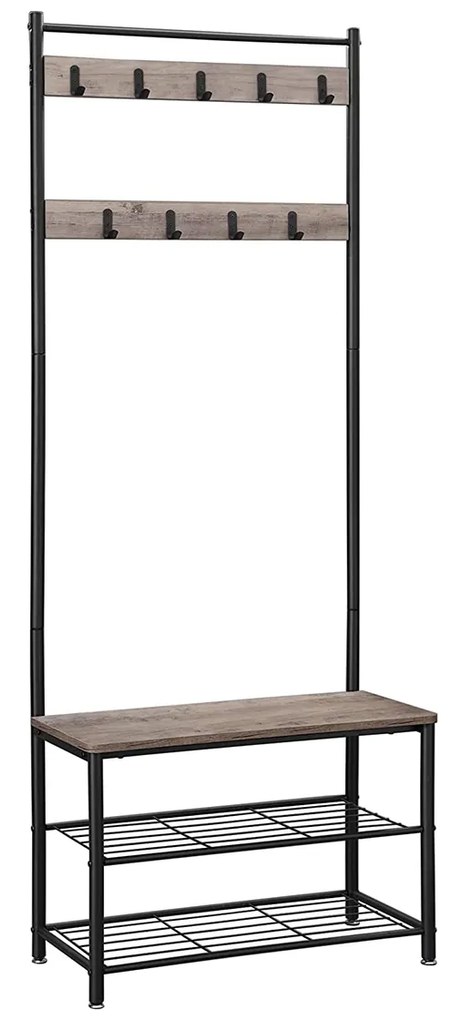 Cabideiro 3 em 1 com banco para sapatos e prateleiras | VASAGLE | 70 x 32,5 x 175 cm | branco|creme|preto | HSR41MB.