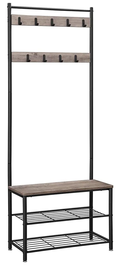 Cabideiro VASAGLE, cabideiro com banco para sapatos, cabideiro com sapateira, design 3 em 1, estrutura de aço, para corredor, entrada, 32 x 70 x 175 cm, industrial, cinza e preto HSR41MB