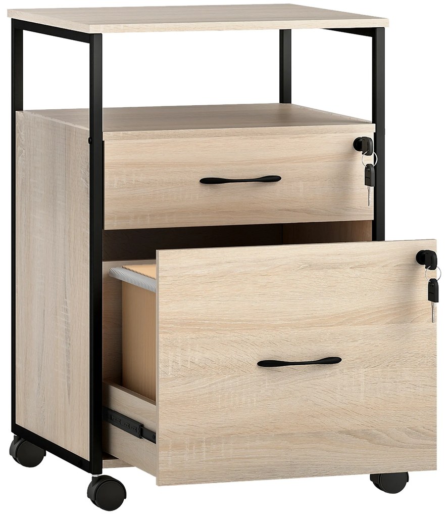 Vinsetto Bloco de Gavetas com Fechadura Rodas 2 Gavetas Barra Suspensa para Papéis A4 e Carta e 2 Chaves 44x40x66,5 cm Madeira | Aosom Portugal
