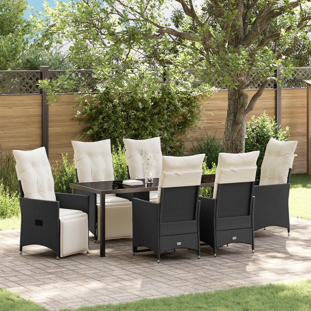 vidaXL Conjunto de Jantar de Jardim com Almofadas 7 Peças Preto Polirattan