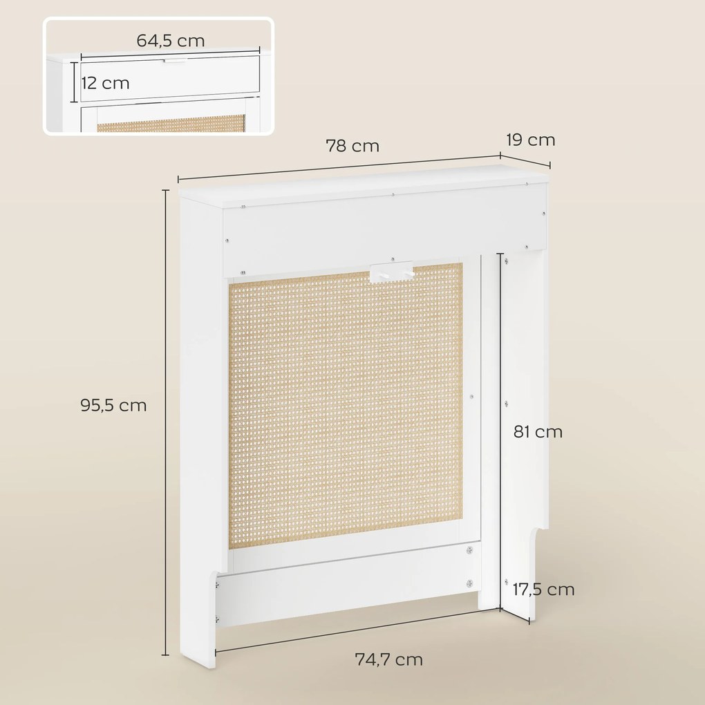 Cobertura para Radiador com Porta Rebatível e Vime Proteção Radiador de MDF 78x19x95,5 cm com Compartimento Desenho Boémio Branco