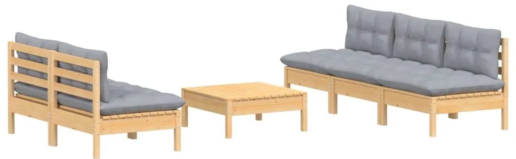 6 pcs conjunto lounge de jardim c/ almofadões cinzentos pinho