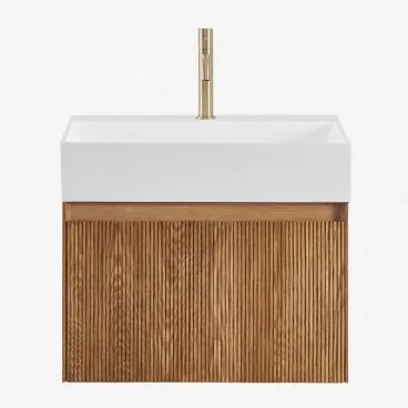 Conjunto De Móvel De Casa De Banho Suspenso Em Madeira Com Lavatório Integrado Aldeia Castanho Fresno & Sem Espelho & Dourado - Sklum